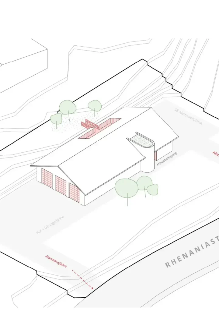 Visualisierung des neuen Feuerwehrgerätehauses Atsch mit Fahrzeughalle, Übungshof und Alarmzufahrt an der Rhenaniastraße.
