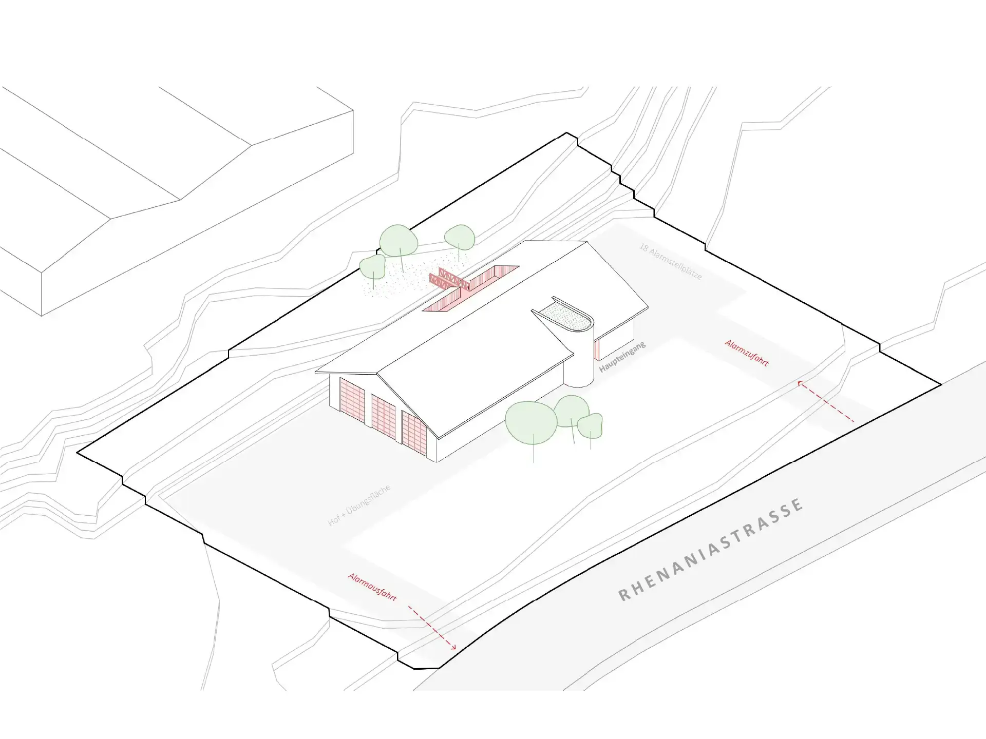 Visualisierung des neuen Feuerwehrgerätehauses Atsch mit Fahrzeughalle, Übungshof und Alarmzufahrt an der Rhenaniastraße.