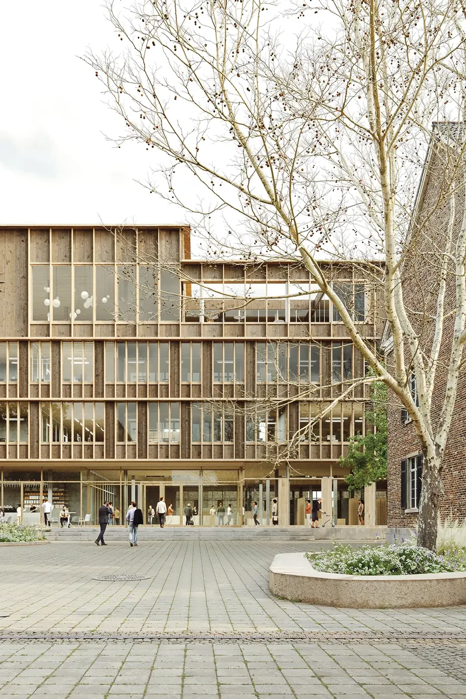 Visualisierung der Fassade des neuen Rathauses Stolberg mit Holzstruktur und großflächigen Glasfronten am Kaiserplatz.