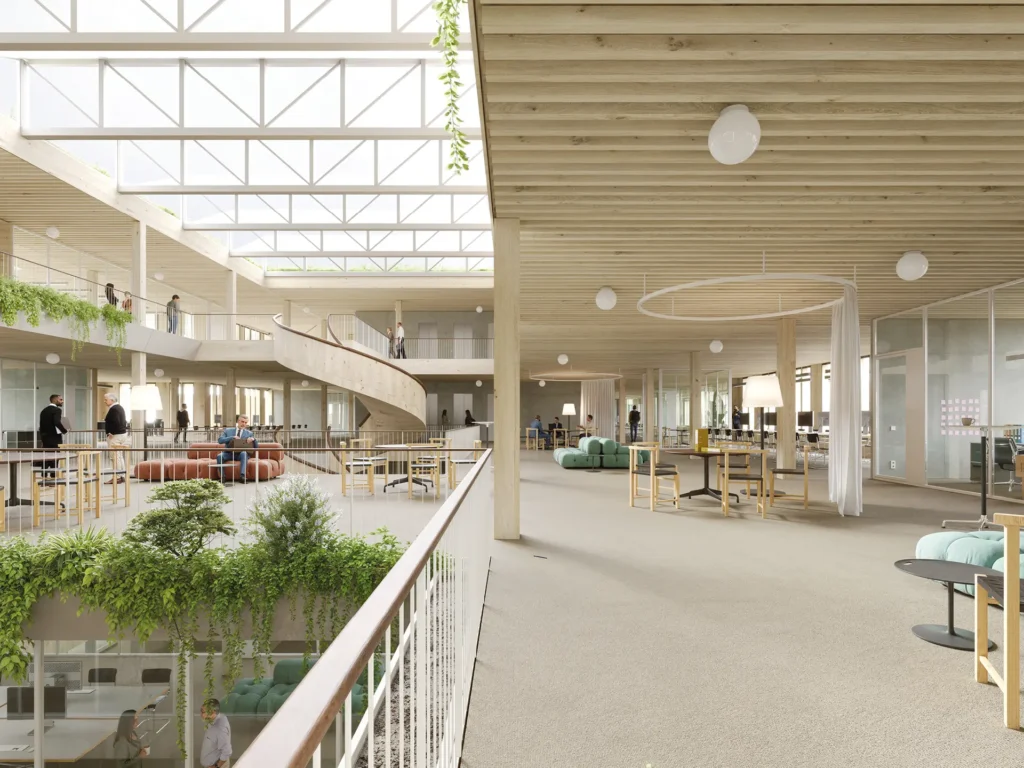 Innenraum-Visualisierung des neuen Rathauses Stolberg mit großem Atrium, offenen Arbeitsbereichen und viel Tageslicht.