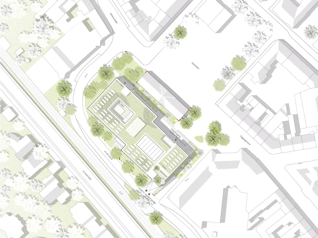 Lageplan des neuen Rathauses Stolberg mit Umgebung, Grünflächen und Anbindung an den Kaiserplatz.
