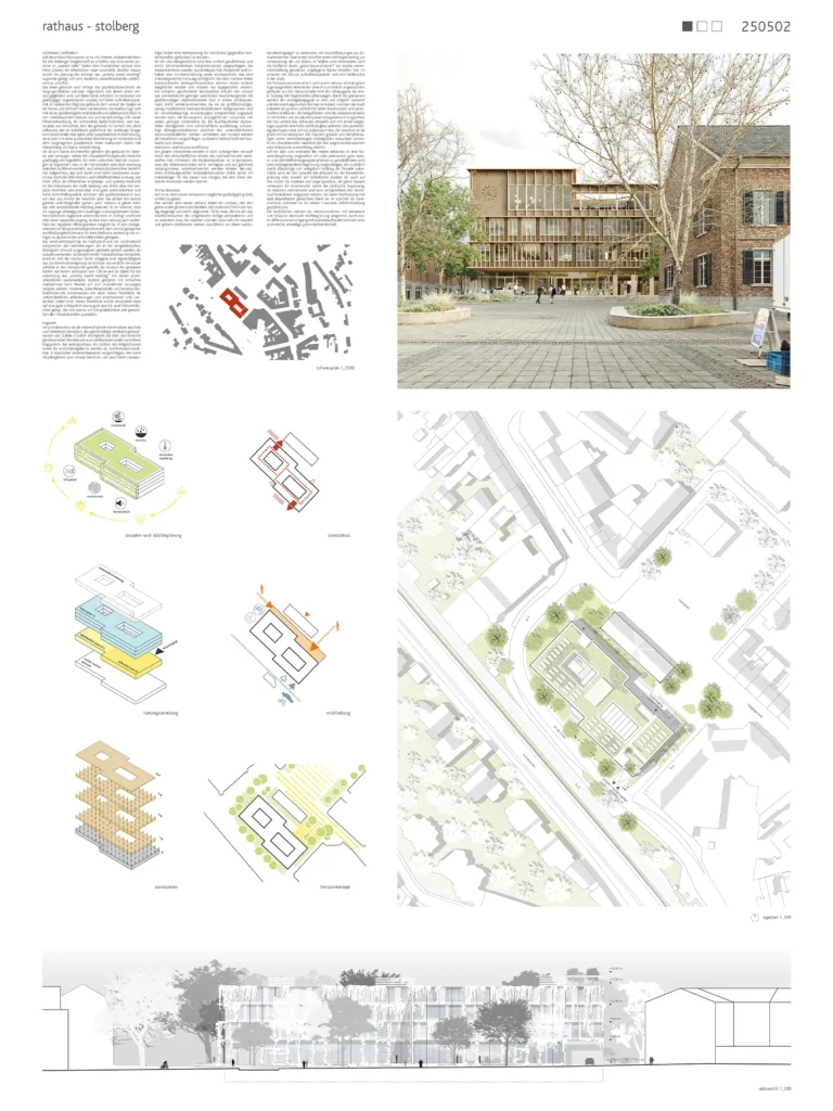 Präsentationsplan des Rathaus-Wettbewerbs Stolberg mit Visualisierungen, städtebaulichem Konzept und Architekturdiagrammen.
