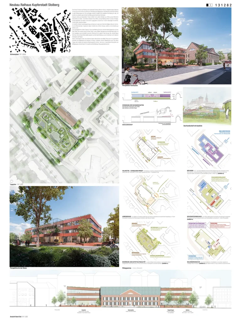Visualisierung des neuen Rathauses Stolberg mit roter Fassadengestaltung und Integration in das historische Umfeld.
