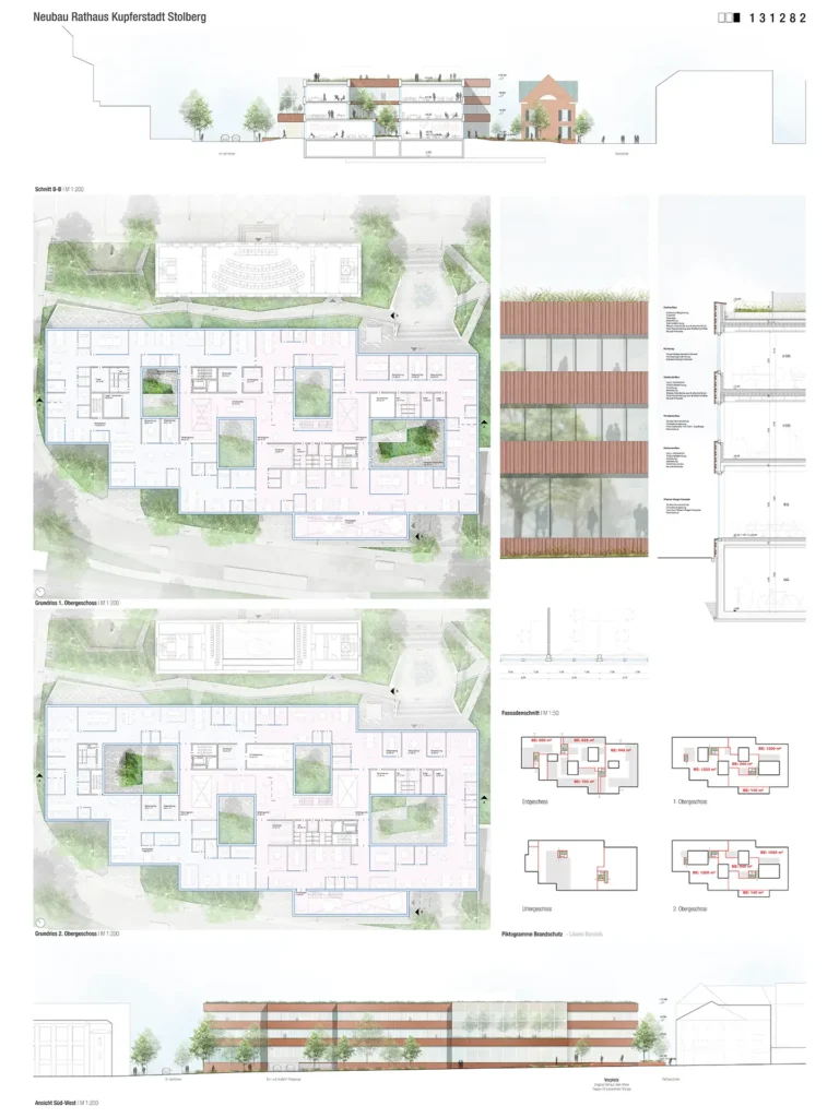 Architekturplan eines Entwurfs für den Neubau Rathaus Stolberg mit Grundrissen, Schnitten und Fassadenansichten.