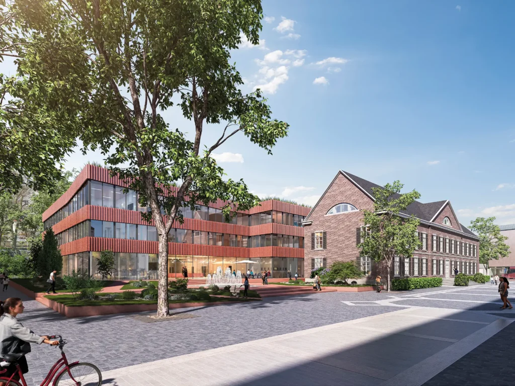 Visualisierung des Rathaus-Neubaus Stolberg mit roter Fassadenstruktur, Blick auf den Kaiserplatz und angrenzendes Bestandsgebäude.