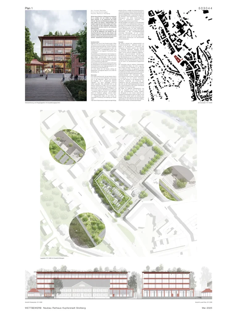 Architekturplan mit Visualisierung, Lageplan und Schnittzeichnungen des Wettbewerbsbeitrags für das Rathaus Stolberg.