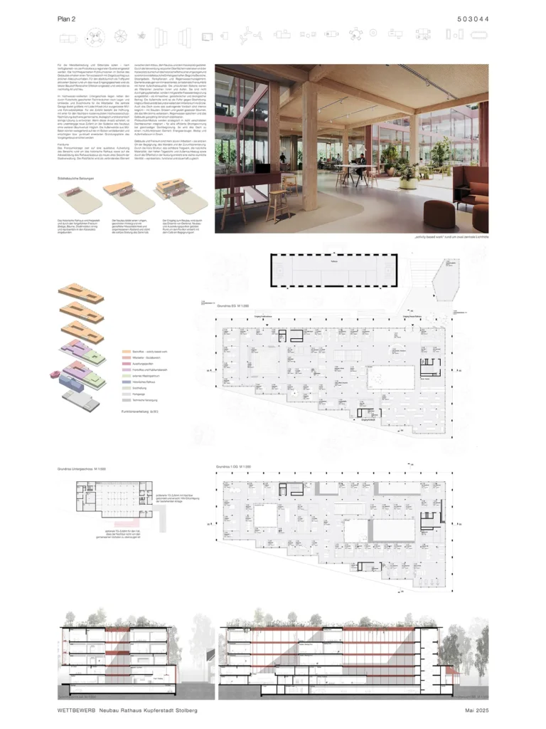 Architekturpläne und Visualisierungen zum Rathaus-Neubau Stolberg mit Grundrissen, Schnitten und Funktionsdiagrammen.