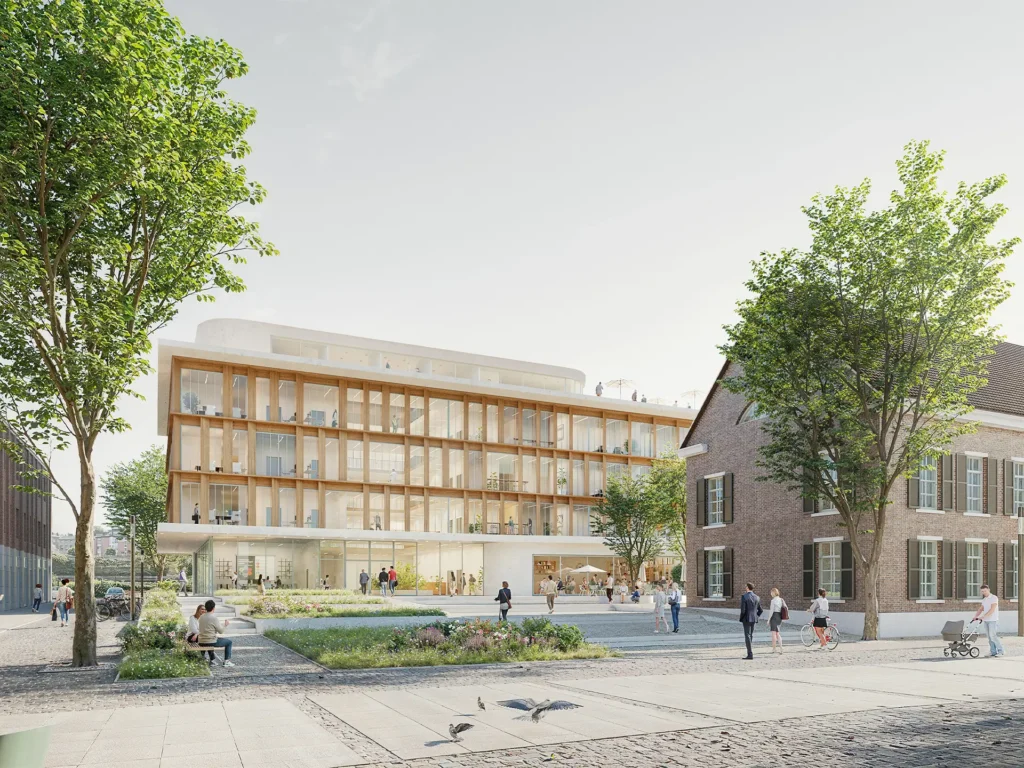Visualisierung des neuen Rathauses Stolberg mit heller Holzfassade und großzügigen Glasfronten am Kaiserplatz.