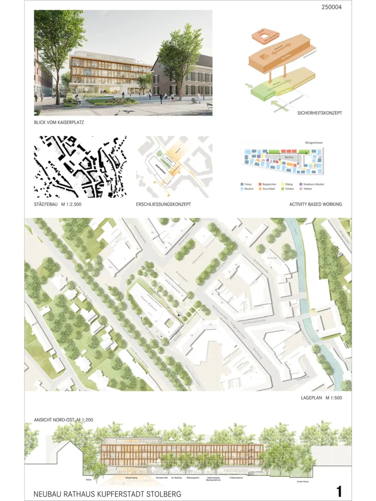 Architekturplan mit Lageplan, Erschließungskonzept und Funktionsdarstellung des Rathaus-Neubaus in Stolberg.