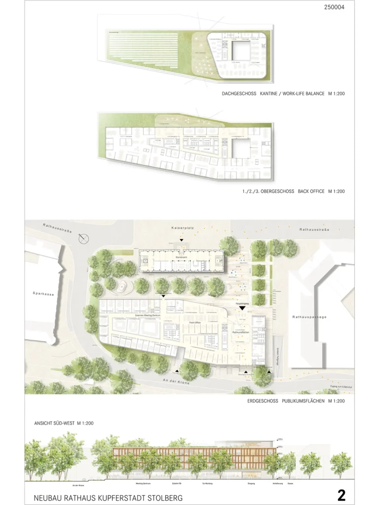 Architekturpläne mit Dachgeschoss-, Obergeschoss- und Erdgeschossgrundrissen sowie Fassadenansichten des Rathaus Stolberg.