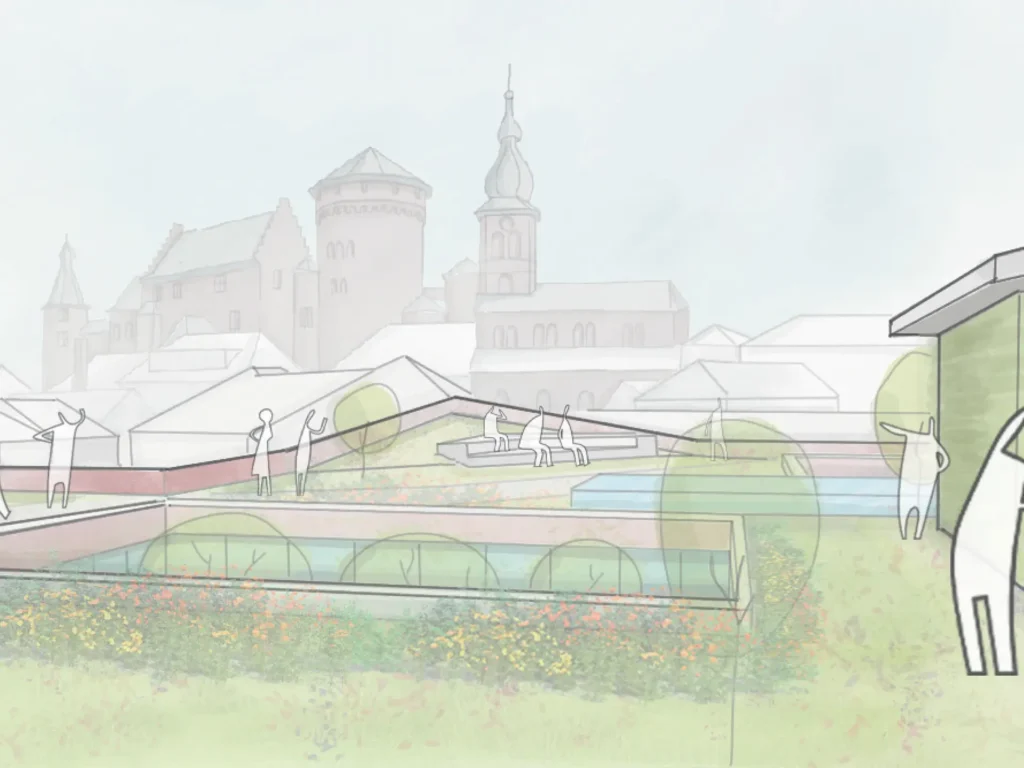 Blick von der Dachlandschaft in Richtung Burg Stolberg