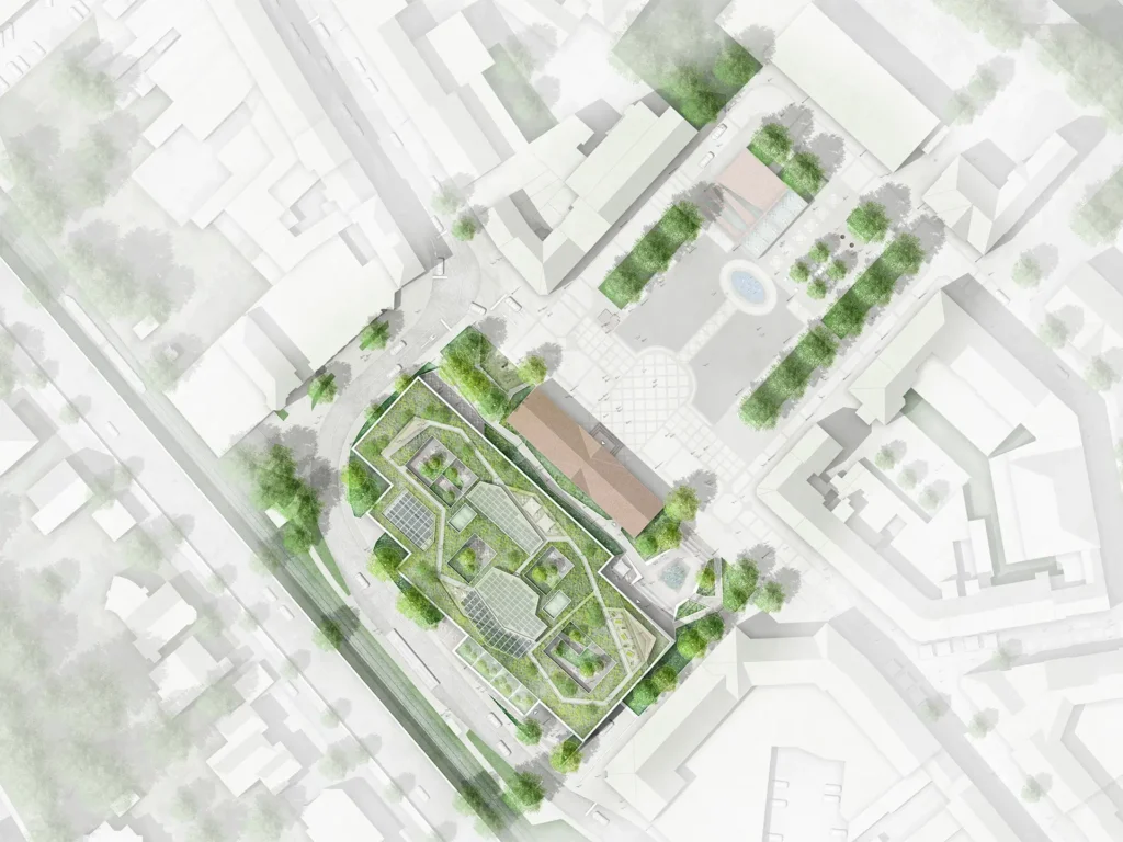 Vogelansicht des neuen Rathauses in Stolberg