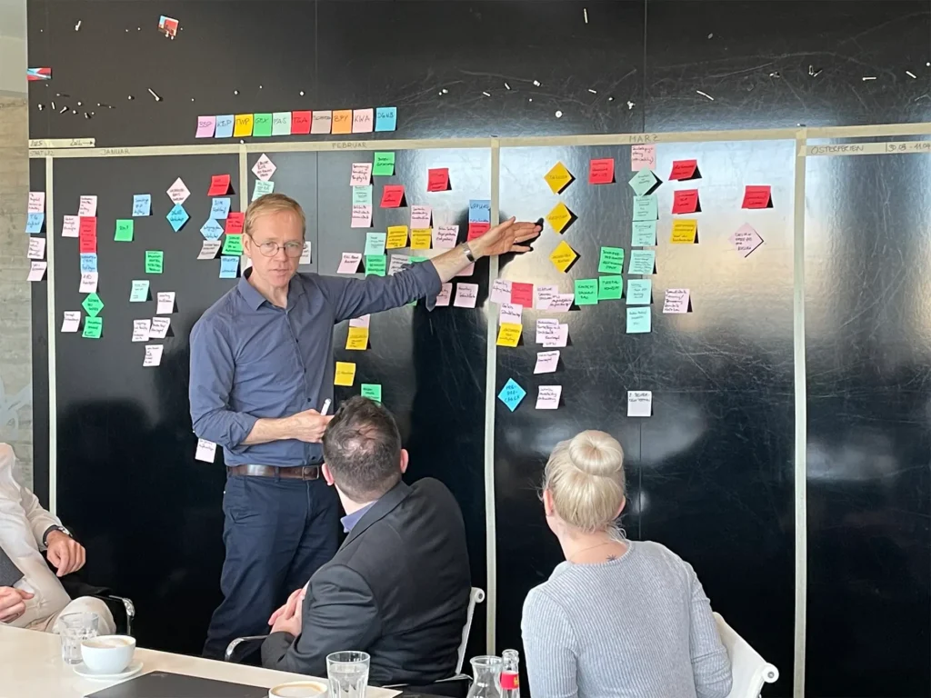 Workshop-Moderation erläutert die Projektstruktur und Meilensteine anhand einer mit Haftnotizen visualisierten Zeitplanung.