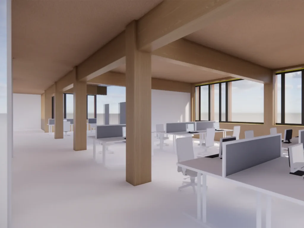 Visualisierung der offenen Büroflächen im geplanten neuen Rathaus Stolberg mit Holzstützen, modernen Arbeitsplätzen und großzügigen Fensterfronten.