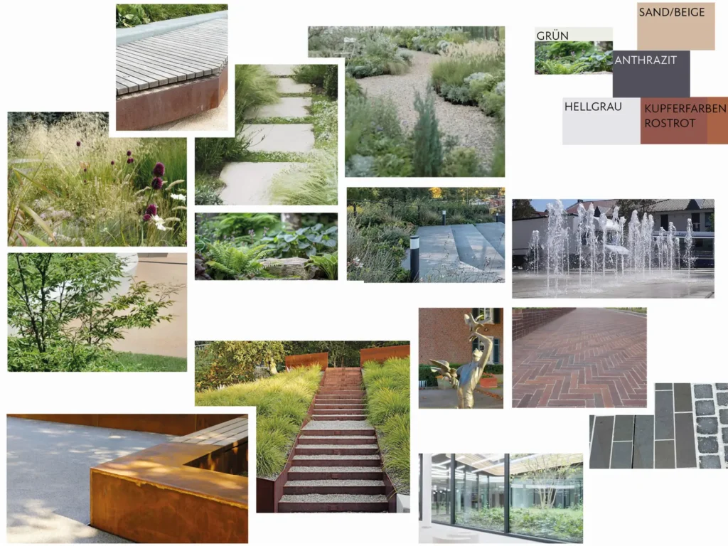 Moodboard zum Freiraumkonzept des neuen Rathauses Stolberg mit Begrünung, Wasserflächen, Aufenthaltsbereichen, Naturmaterialien und Farbkonzept.